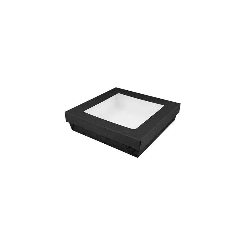 PETITES BOÎTES+COUVERCLES AVEC FÊNETRE THEPACK 750 ML 14x14x5 CM NOIR CARTON NANO-MICRO + PP + OPP (250 UNITÉ)